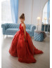 One Shoulder Dark Red 3D Flowers Shiny Organza Flower Girl Dress